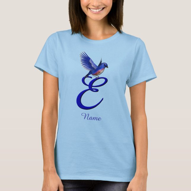 Blåfågel Monogram Första E Elegant Personlig T Shirt (Framsida)