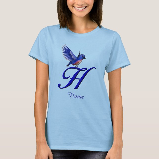 Blåfågel Monogram Första H Elegant Personlig T Shirt (Framsida)