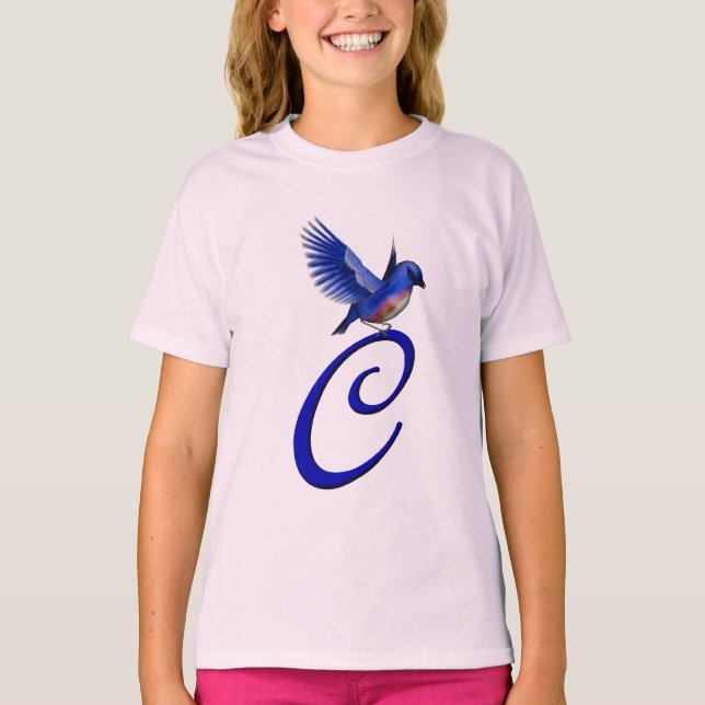 Blåfågel Monogram Initial C Elegant  T Shirt (Framsida)