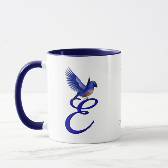 Blåfågel Monogram Initial E Elegant Personlig Mugg (Vänster)