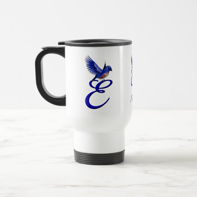 Blåfågel Monogram Initial E Elegant Personlig Resemugg (Vänster)