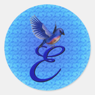 Blåfågel Monogram Initial E Elegant Runt Klistermärke
