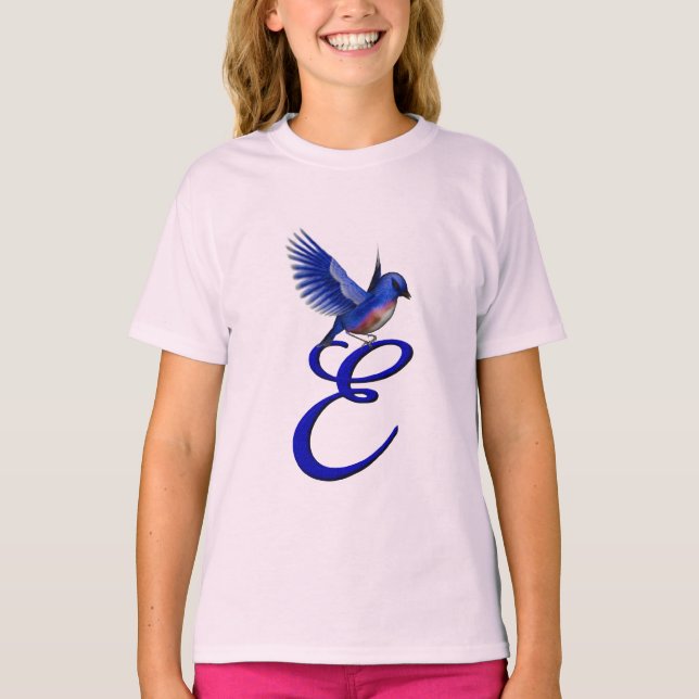 Blåfågel Monogram initial E Elegant  T Shirt (Framsida)