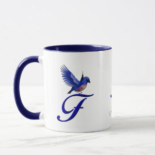 Blåfågel Monogram Initial F Elegant Personlig Mugg