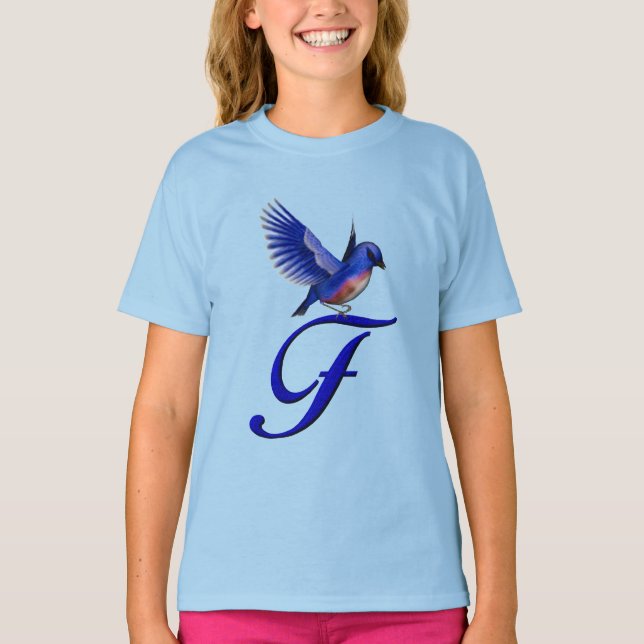 Blåfågel Monogram Initial F Elegant  T Shirt (Framsida)