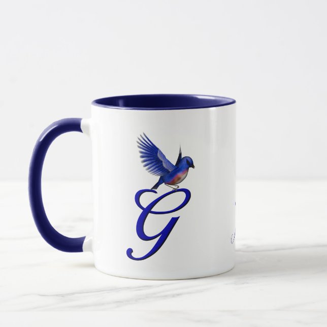 Blåfågel Monogram Initial G Elegant Personlig Mugg (Vänster)