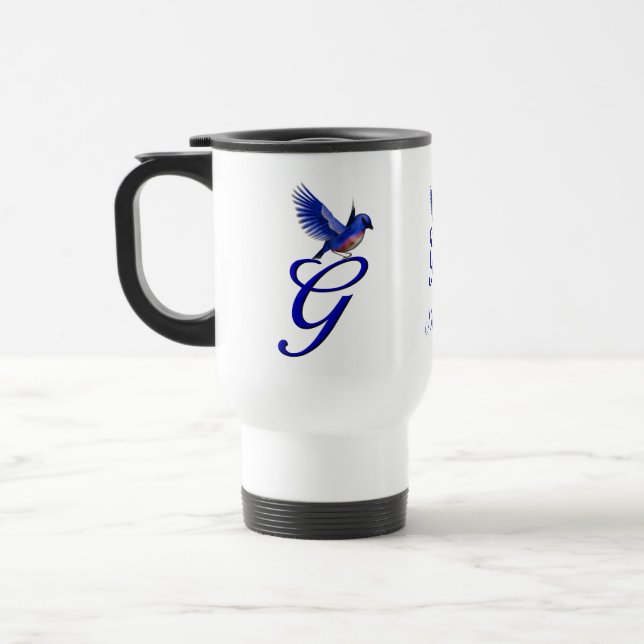 Blåfågel Monogram Initial G Elegant Personlig Resemugg (Vänster)