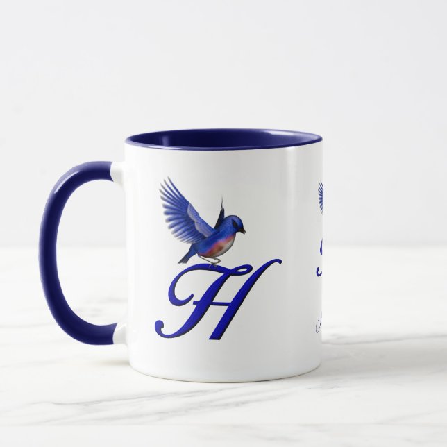 Blåfågel Monogram Initial H Elegant Personlig Mugg (Vänster)