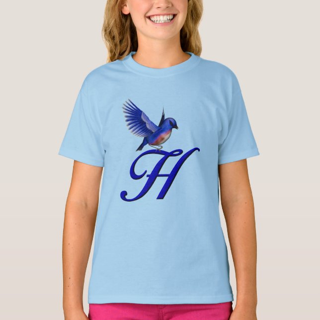Blåfågel Monogram Initial H Elegant  T Shirt (Framsida)