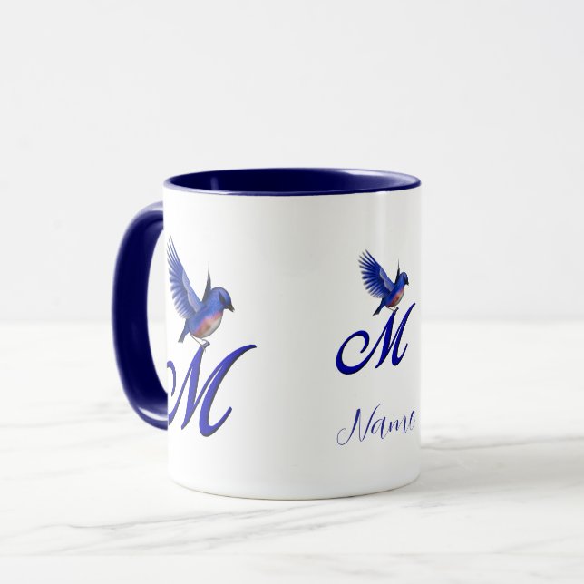 Blåfågel Monogram Initial M Elegant Personlig Mugg (Framsida vänster)