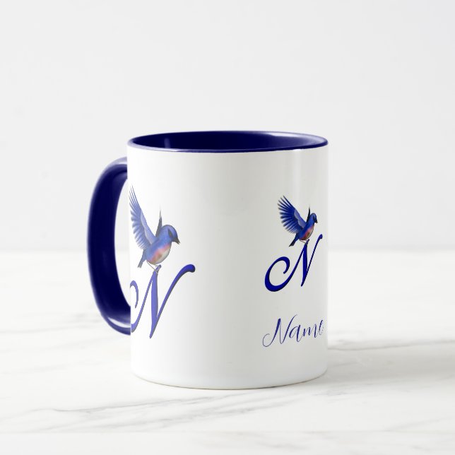 Blåfågel Monogram Initial N Elegant Personlig Mugg (Framsida vänster)