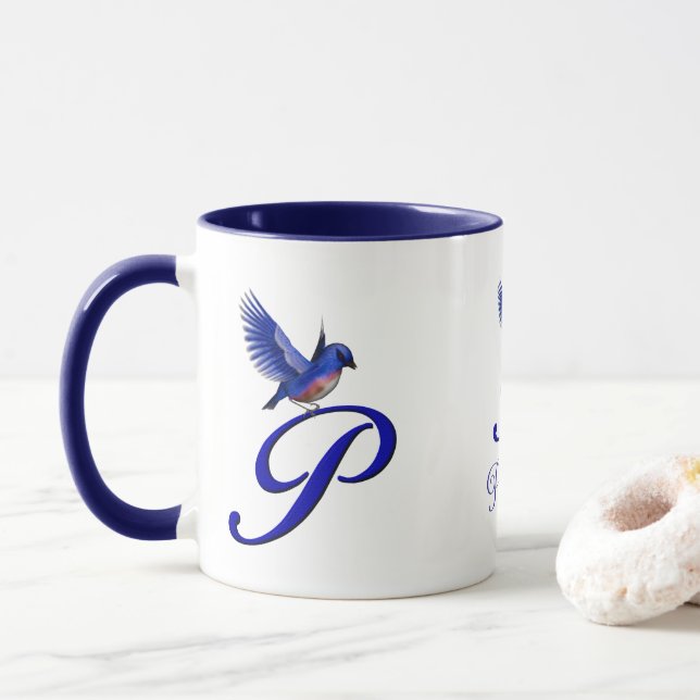Blåfågel Monogram Initial P Elegant Personlig Mugg (Med munk)