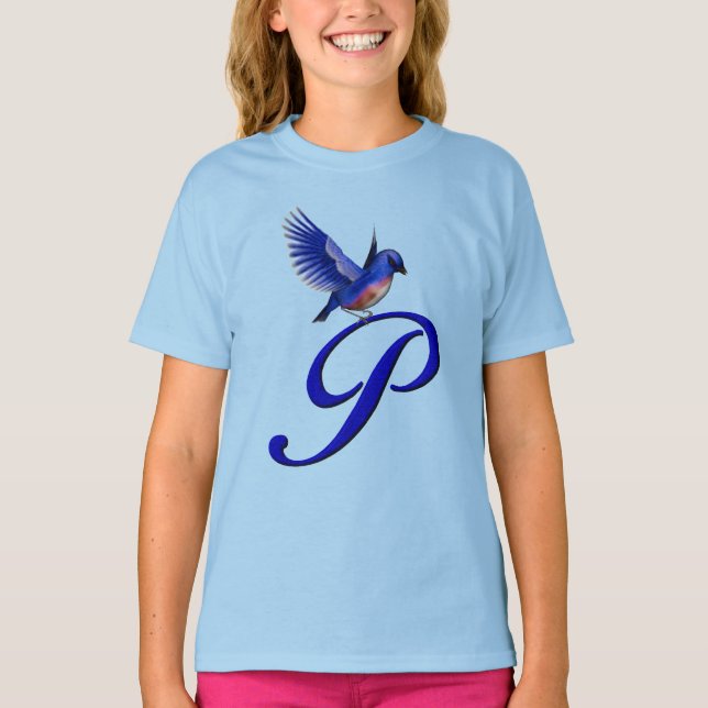 Blåfågel Monogram Initial P Elegant  T Shirt (Framsida)