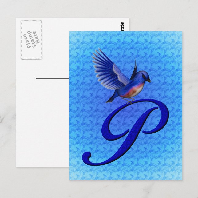 Blåfågel Monogram Initial P Elegant Vykort (Fram/baksida)