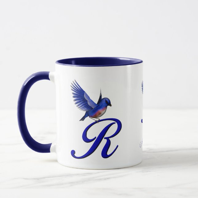 Blåfågel Monogram Initial R Elegant Personlig Mugg (Vänster)