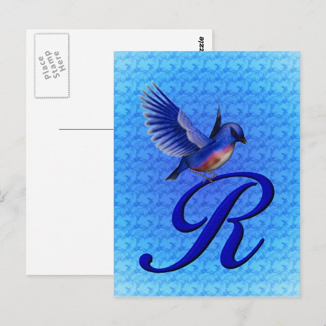 Blåfågel Monogram Initial R Elegant Vykort (Fram/baksida)