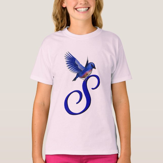 Blåfågel Monogram initial S Elegant  T Shirt (Framsida)