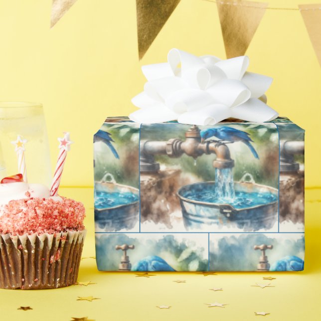 Blåfågel på en gammal kran presentpapper (Födelsedagsfest)