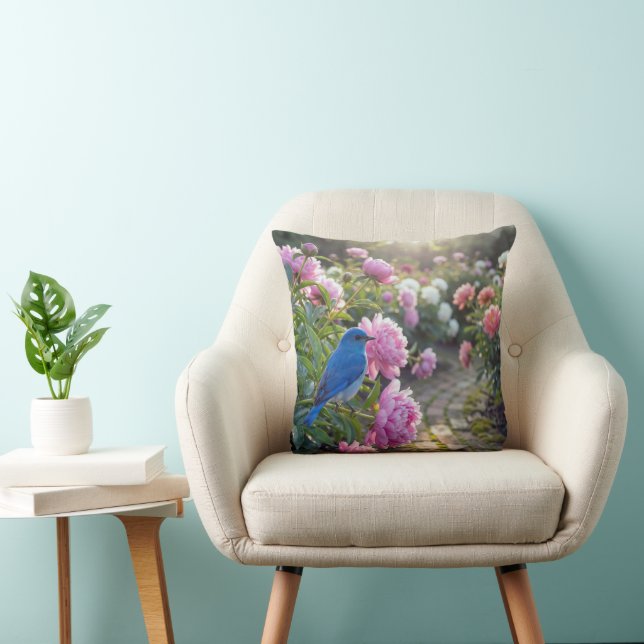 Blåfågel på en rosa peonia kudde (Stol)