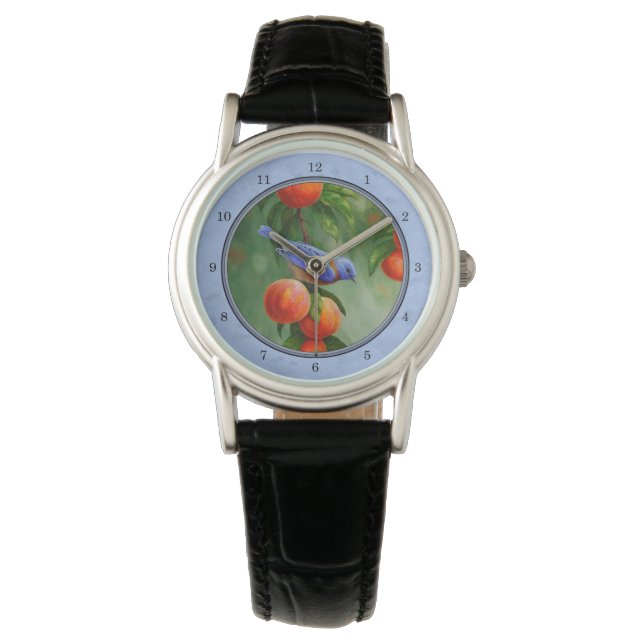 Blåfågel på Peach Träd Gren Blue Armbandsur (Framsida)