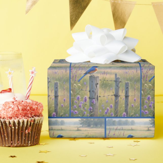Blåfågel vid Land-stängslet Presentpapper (Födelsedagsfest)