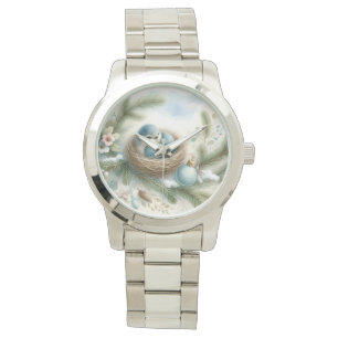 Blåfågelbo med ornament i vintertallarna armbandsur