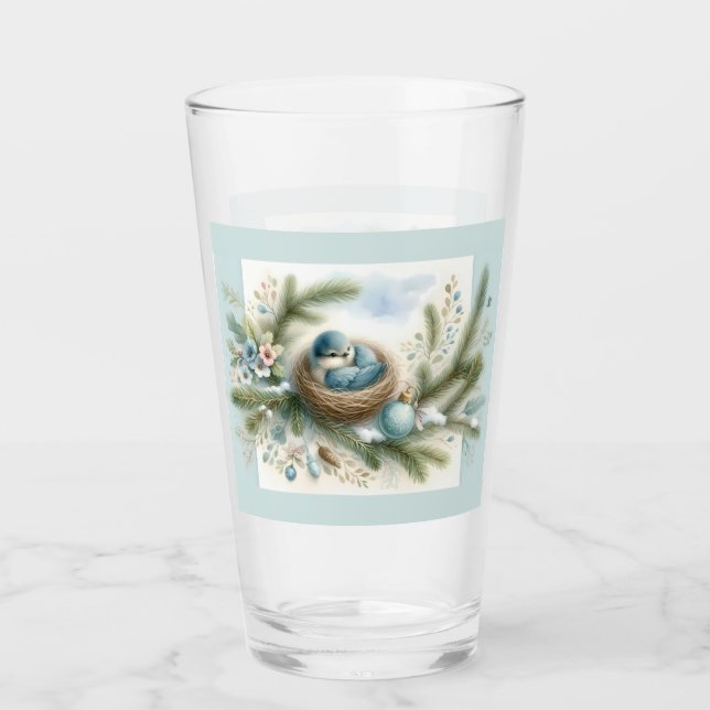 Blåfågelbo med ornament i vintertallarna glaskopp (Framsida)