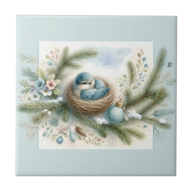 Blåfågelbo med ornament i vintertallarna kakelplatta (Framsidan)