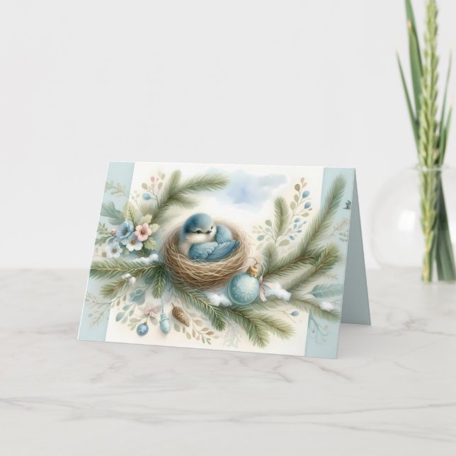 Blåfågelbo med prydnader i vintertallar helgkort (Framsida)