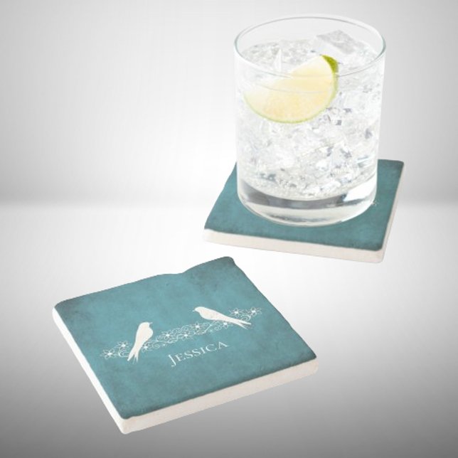 Blåfågelfåglars Blommigt Vine Stone Underlägg (Blue Lovebirds Floral Vine Stone Coaster)