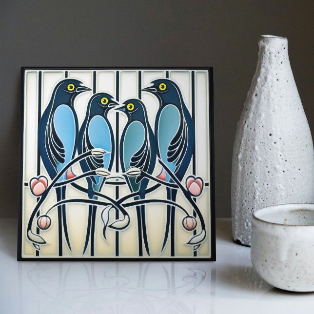 Blåfågelfamiljen Mackintosh Art Deco Wall Deco Kakelplatta (Skapare uppladdad)