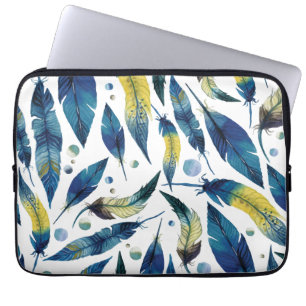 Blåfågelfjädrar i vattenfärg mönster laptop sleeve