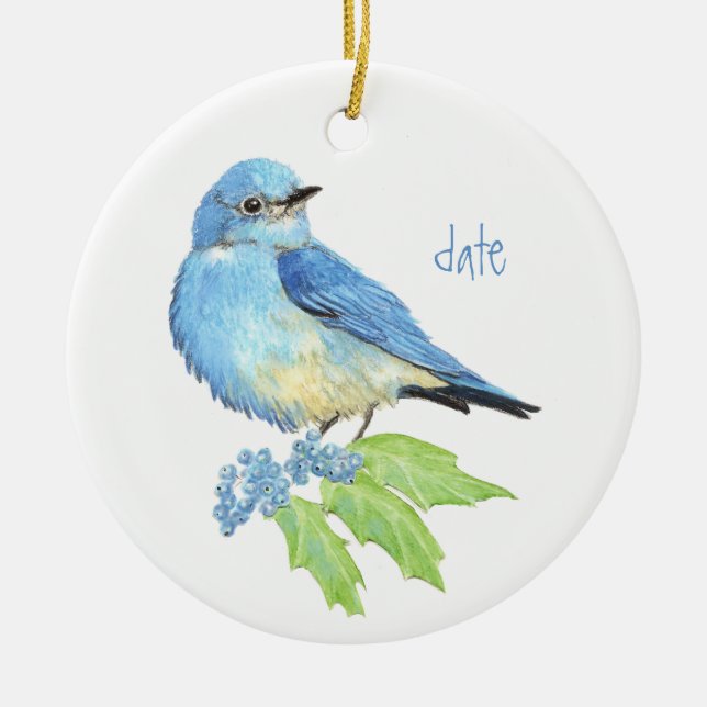 Blåfågelkonst för vattenfärgsberg julgransprydnad keramik (Framsidan)