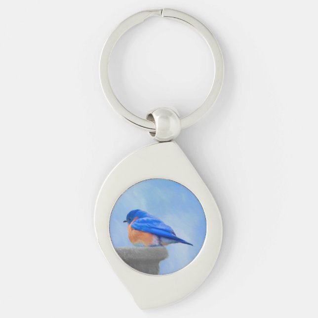 Blåfågelmålning - originalbild av fåglar swirl silverfärgad nyckelring (Framsidan)