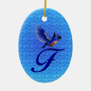 Blåfågelmonogram initial F Julgransprydnad Keramik