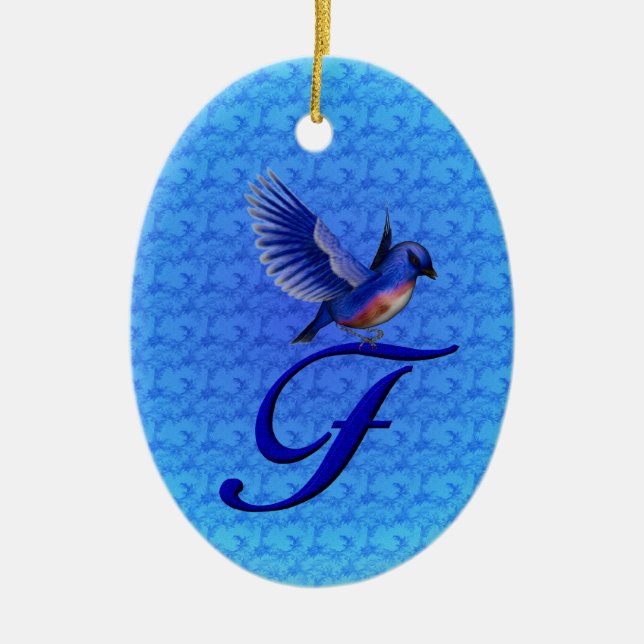 Blåfågelmonogram initial F  Julgransprydnad Keramik (Framsidan)