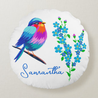 Blåfågeln Glöm mig inte blomma 60:e födelsedagen Rund Kudde