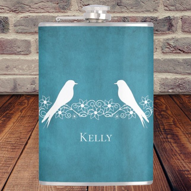 Blåfågelns Blommigt Vin Personlig-kolv Fickplunta (Blue Lovebirds Floral Vine Personalized Flask)