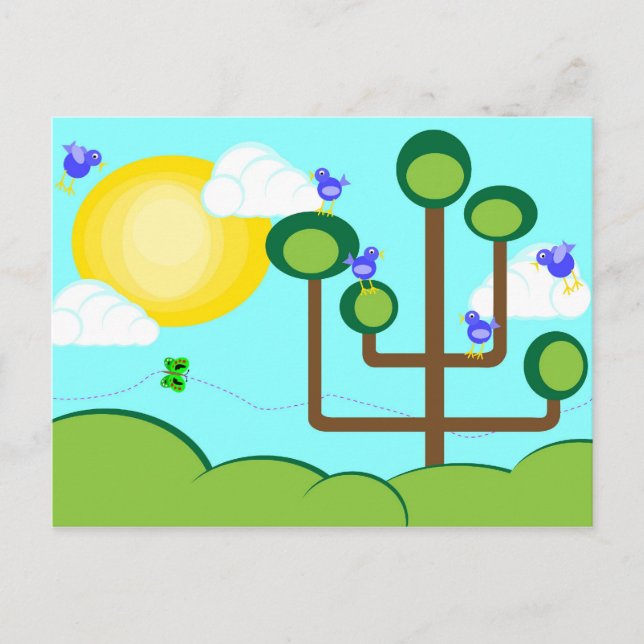 Blåfåglar, grönt träd och solsken vykort (Framsida)