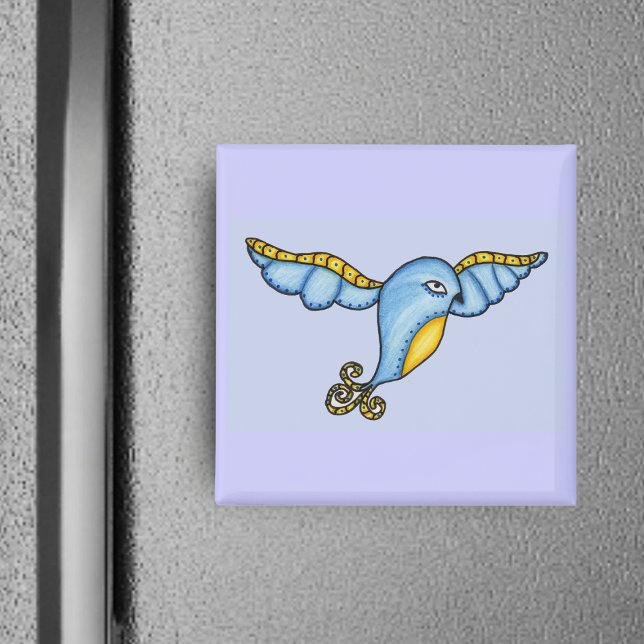 Blåfåglar i flygmagnet magnet (Flying fantasy bluebird with yellow scrolled tail on blue square magnet.)
