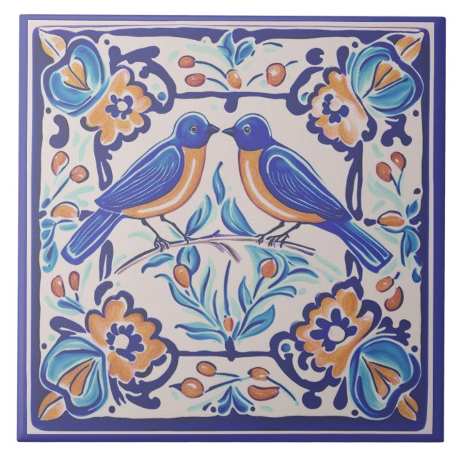 Blåfåglar i Medelhavet BlåBird-Blommigt Kakelplatta (Framsidan)