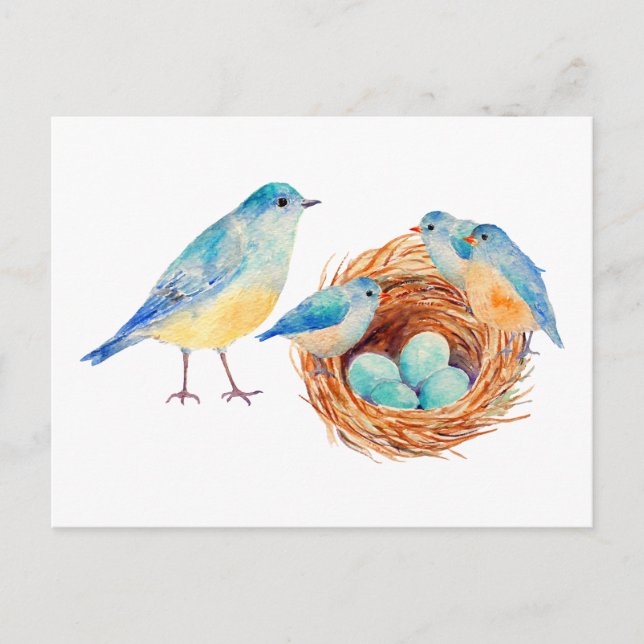 Blåfåglar med vattenfärg och inkvarteringskort vykort (Framsida)