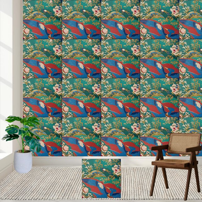 Blåfåglar och Blommar Mönster kinesiska konstplatt Kakelplatta (Blue Bird and Blossom Pattern Chinese Art Tile)