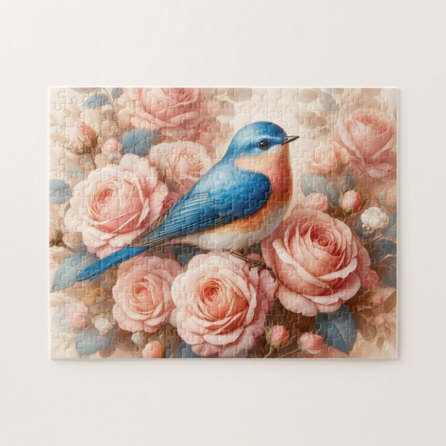 Blåfåglar och  Rosa ros Pussel (Horisontell)