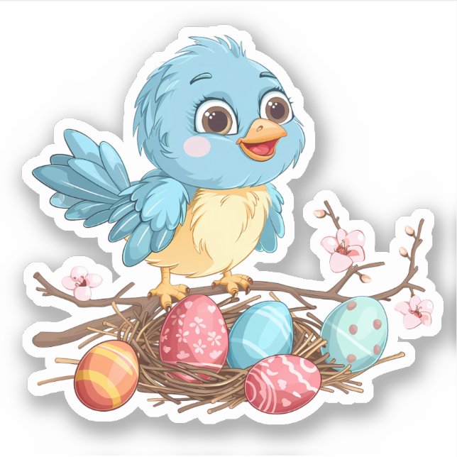 Blåfåglar på Gren med Påskägg Klistermärken (Framsida)