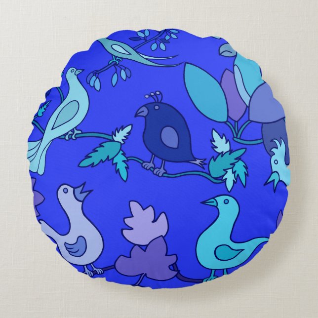 Blåfåglar Rund Kudde (Framsidan)