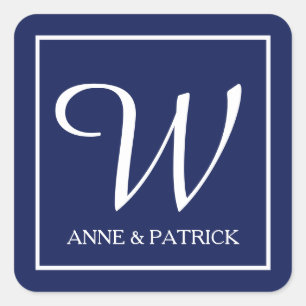 Blåfamiljens ursprungliga monogram och namn, bröll fyrkantigt klistermärke