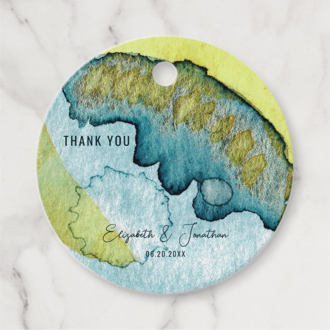 Blåfärgad Abstrakt Vattenfärgsbild Unik Bröllop Gåvor Etiketter (Framsida)