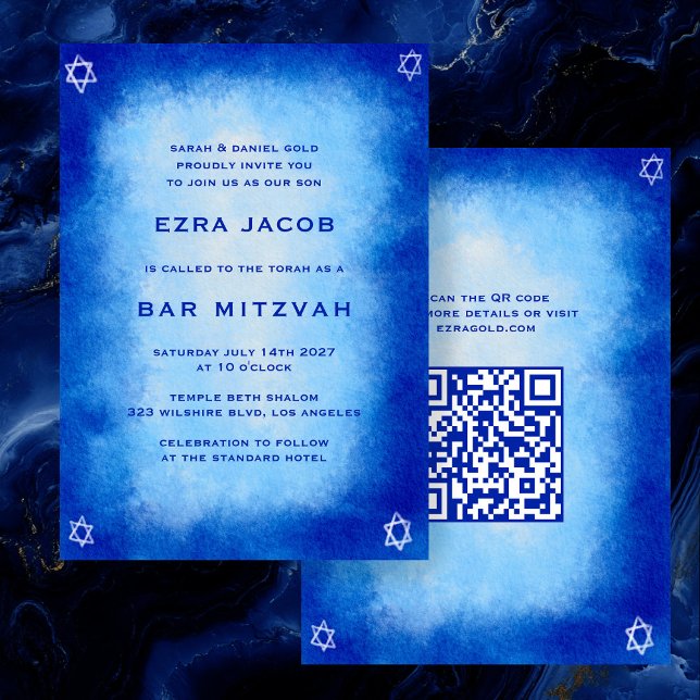 Blåfärgad Anpassningsbar QR-kod Pub Bat mitzvah Inbjudningar (Blue Watercolor Star of David Abstract Custom QR Code Bar Bat Mitzvah Invitation
)