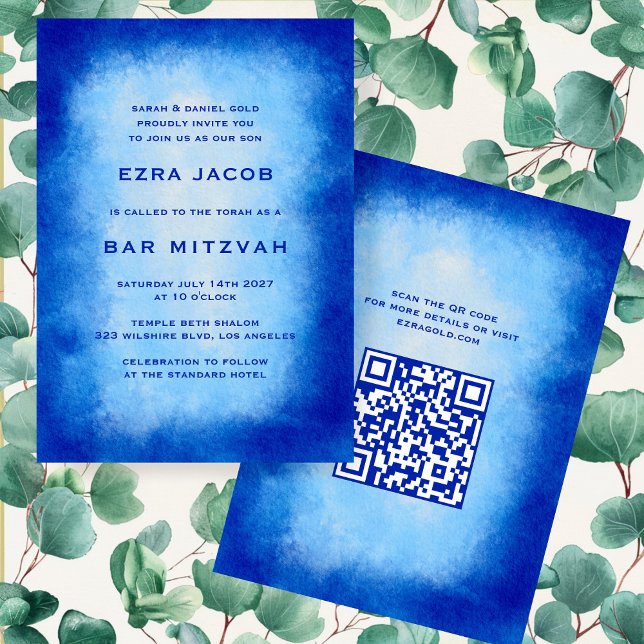 Blåfärgad Anpassningsbar QR-kod Pub Bat mitzvah Inbjudningar (Blue Watercolor Custom QR Code Bar Bat Mitzvah Invitation
)